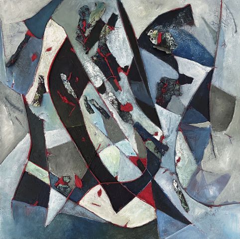 Nr. L43: Frauenkopf mit Kragen, Acryl-Collage auf Leinwand (80 x 80 cm), 2018